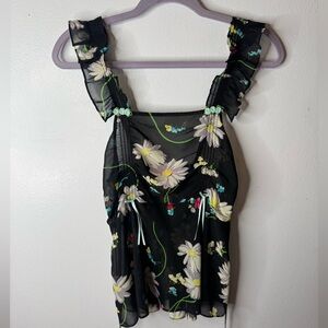 Y2K Betsey Johnson Intimates Black Floral Ruffle Blouse